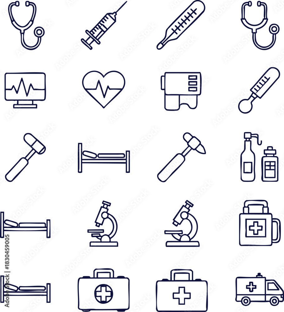 Fototapeta premium Essential outline medical icons for healthcare presentations and wellness campaigns with stethoscope, syringe, and ambulance for health awareness