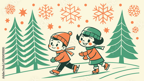 Two happy cartoon children in winter clothes running through snow with pine trees and snowflakes