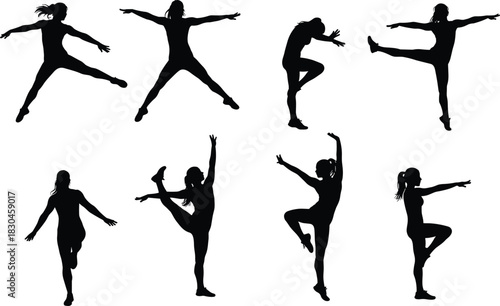 Human silhouette, dance poses, expressive movement, balanced stances, extended limbs, choreography moment, artistic motion, lifestyle concept, black figure, white background