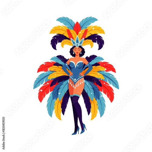 A vibrant group of diverse people in colorful carnival costumes with feathered hats, playing drums and marching in a festive parade, celebrating culture and music.