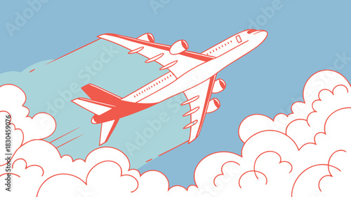 Modern airplane soaring through the sky above fluffy clouds