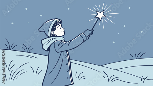 Child in winter coat holding a sparkling star wand in a snowy landscape