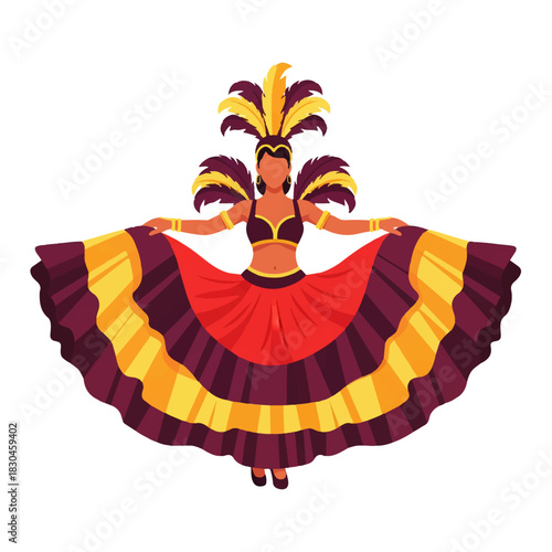Vibrant illustration of a woman in a festive carnival or cabaret costume, featuring a large feather headdress and a colorful, layered dress, perfect for celebration or performance.