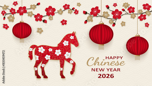 Chinese New Year 2026 celebration background design. Chinese New Year 2026 design with a red horse, lanterns, and the inscription "2026." Celebrating the Year of the Horse. Vector illustration.