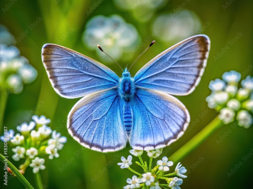 Fototapeta premium Delicate blue butterfly perched on a small white flower