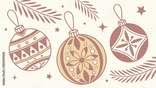 Hand drawn christmas ornaments and pine branches festive holiday illustration