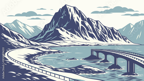 Scenic mountain landscape with winding road, bridge over water, and cloudy sky, a winter travel scene