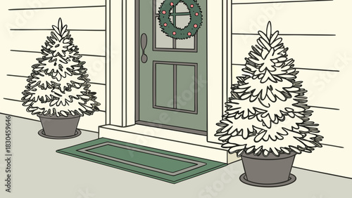 Front door decorated with christmas wreath and two potted trees on the porch welcomes the holidays