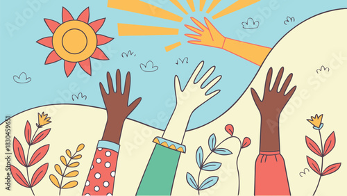 Diverse hands reaching up towards a bright sun and sky