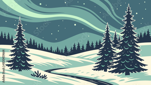 A winter landscape with snow covered hills and pine trees under a starry aurora borealis sky scene