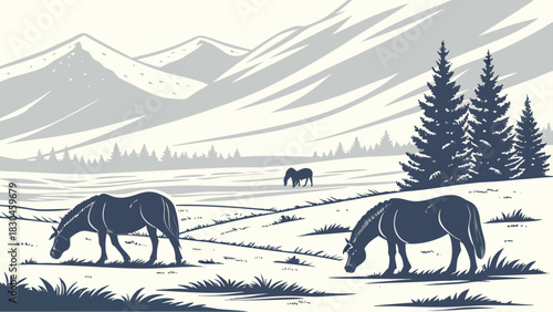 Horses grazing in a field with mountains and trees in the background in a monochrome illustration