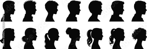 Human head silhouette profiles, male and female hairstyle icons, cad drawing flat vector illustration, minimal black portrait design graphic set