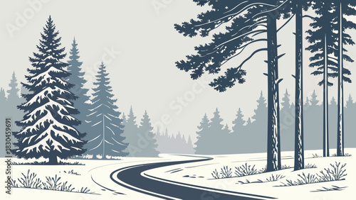 Winding road through a snowy forest landscape with tall pine trees and a muted color palette creating a serene scene