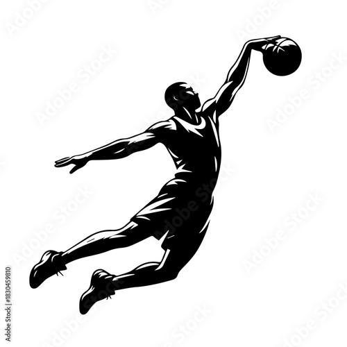 Black & white vector silhouette of basket ball player on white background