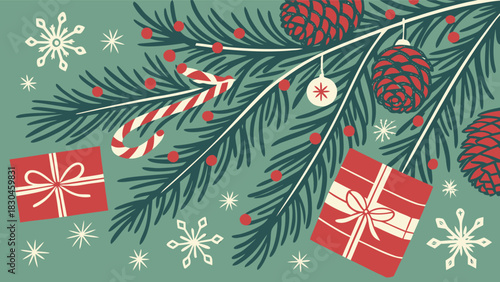 Festive christmas tree branch with ornaments gifts and snowflakes