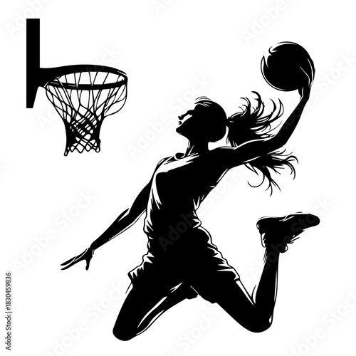 Black & white vector silhouette of basket ball player on white background