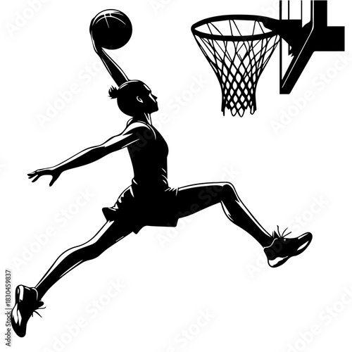 Black & white vector silhouette of basket ball player on white background