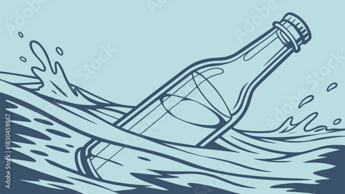 Glass bottle with a message floats in blue water with splashes