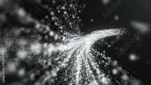 Abstract Cosmic Flow:  An abstract digital artwork depicts a dynamic, swirling flow of white particles against a deep, dark background. Conveying a sense of energy, motion.