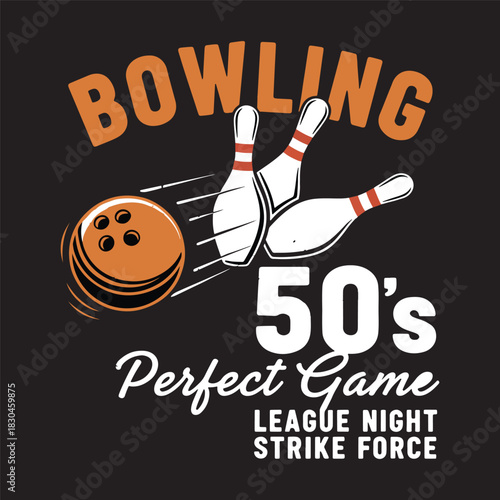 Bowling ball hitting pins with strike force typography design vector illustration.