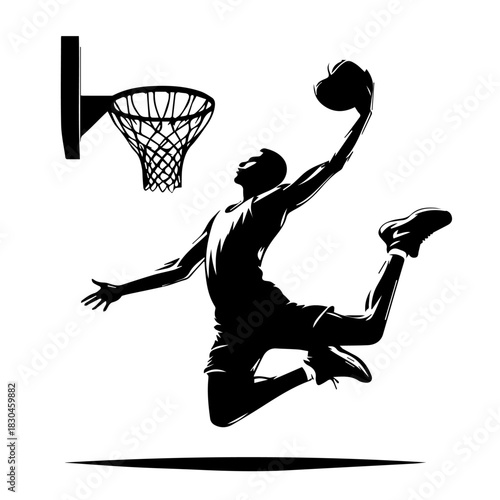 Black & white vector silhouette of basket ball player on white background