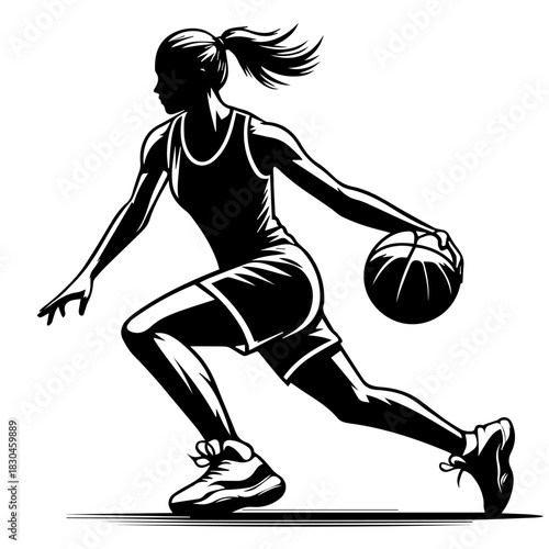 Black & white vector silhouette of basket ball player on white background