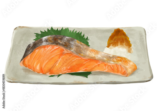 リアルな焼き鮭の切り身盛り付け(皿・大根おろし・大葉)