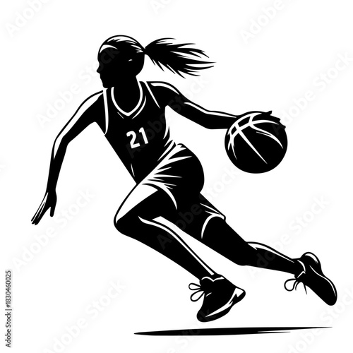 Black & white vector silhouette of basket ball player on white background