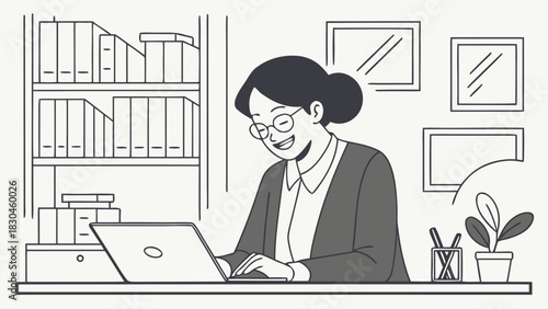 Woman working on a laptop at a desk in an office with bookshelves