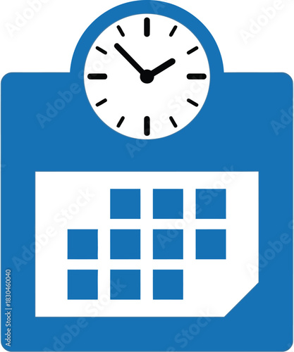 A blue flat icon displaying a calendar with a clock ideal for time management on transparent background