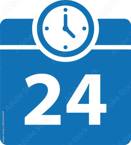 A blue calendar icon with the number twenty four and a clock displayed on transparent background