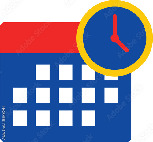 A vibrant calendar icon with a clock showcasing time management and scheduling on transparent background