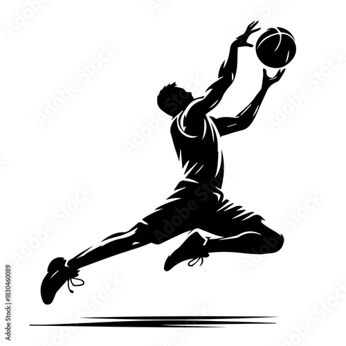 Black & white vector silhouette of basket ball player on white background