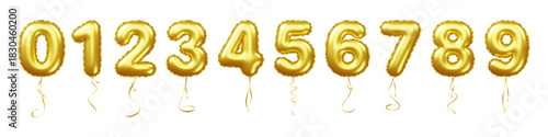Realistic golden number balloons. 3d party elements, foil festive objects, dates anniversaries parts, air birthday decorations, metallic shiny celebration glossy classy vector isolated set