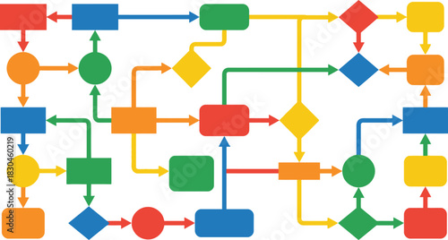 Colorful flowchart with various shapes and arrows illustrating a complex process on transparent background