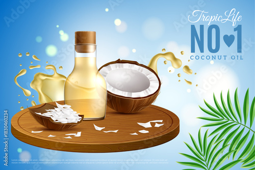 Realistic coconut oil poster. Bottle with yellow liquid, water in motion, nut pieces and splashes, marketing promotional banner 3d isolated elements. Cooking ingredient. Vector concept