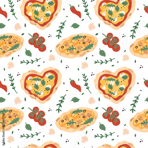 Pizza seamless pattern. Italian fast food, repeated ingredients, dough, cheese, tomatoes, basil, tasty margherita. Decor textile, wrapping paper, wallpaper. Garish vector background