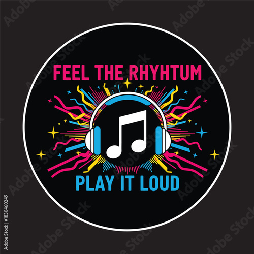 Neon colorful headphones with music notes and sound wave circle vector illustration.