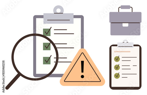 Clipboards with checklists, magnifying glass, warning symbol, and briefcase emphasize organization, analysis, risk, auditing, compliance planning and productivity. Ideal for business management