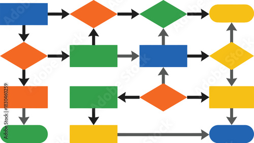 Colorful flowchart diagram with connected rectangles diamonds and arrows on transparent background