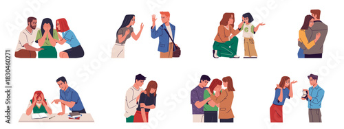 People comfort crying. Characters in tears, different strong emotions, anger, sadness, stress, joy, friends reassure, empathic men and women cartoon flat isolated nowaday vector set