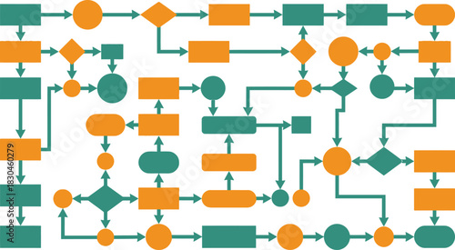 a complex network of colorful geometric shapes and connecting arrows on transparent background