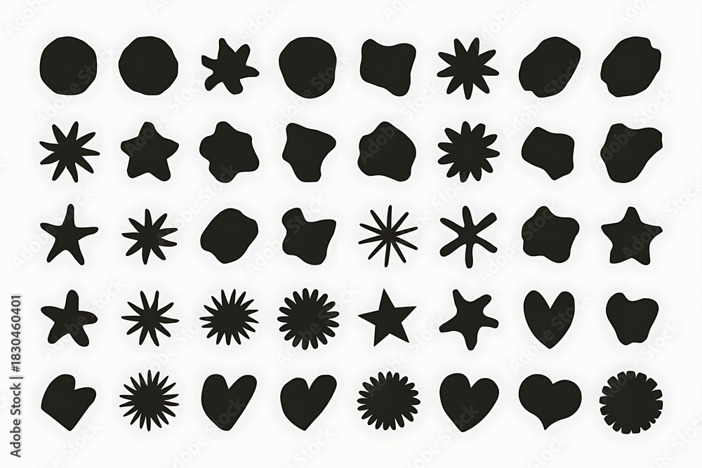 Fototapeta premium Collection of black and white shapes including stars, hearts, and circles