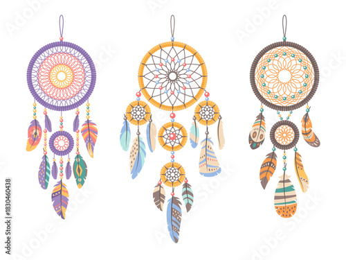 Dream catchers. Native american talisman sign, colorful detailed product made of feathers, beads and ropes, indian decoration, traditional amulet cartoon flat isolated classy vector set