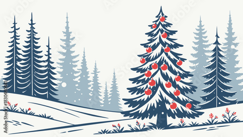 Decorated christmas tree in snowy forest landscape