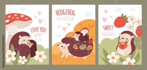 Cute hedgehog cards. Funny little animals, forest wild fauna, needle like nature creatures, autumn and summer elements, childish poster and print design, woodland mammals garish vector set
