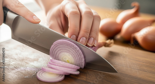 Female chef slicing red onions on a wooden cutting board with a sharp knife, showcasing culinary skills and fresh ingredients in a bright kitchen environment