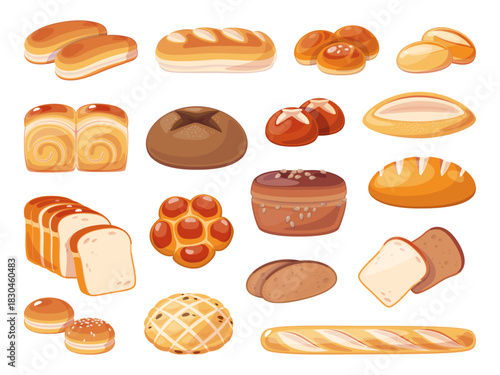 Cartoon sliced bread. Whole and cut bakery products, baguette, traditional loaf, different buns, fresh roll, wheat toast, whole grain, rye types snack, food menu elements, classy vector set