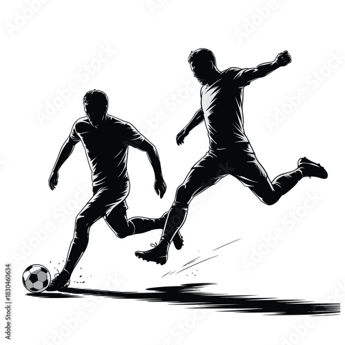 Two soccer players in action kicking a ball with dynamic brush strokes