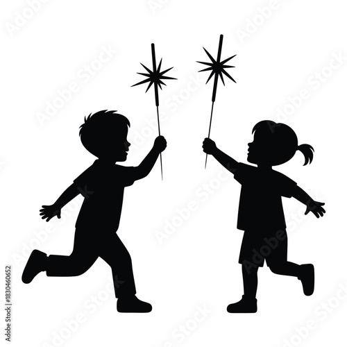 Two children silhouettes holding sparklers and running
